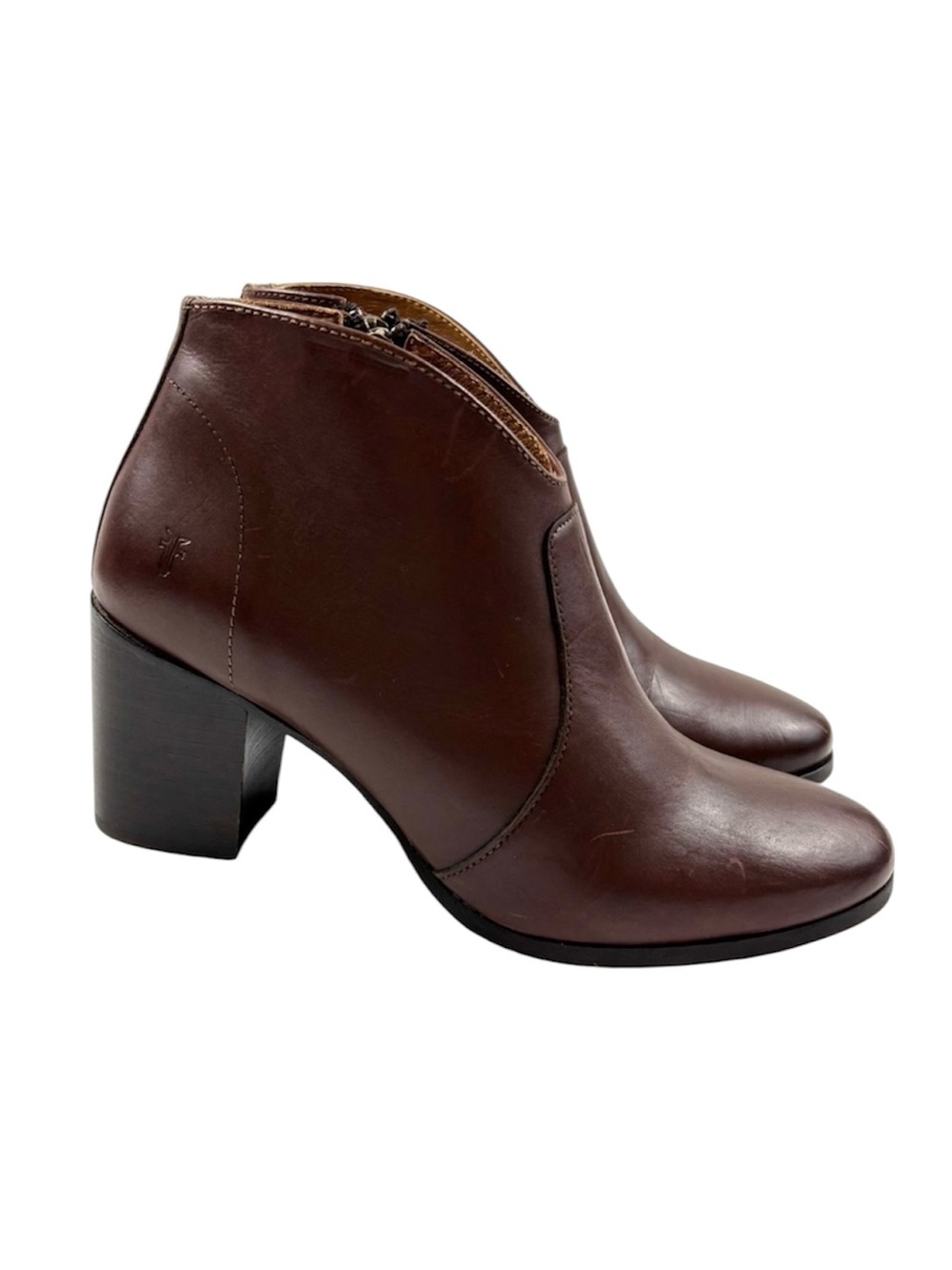 Frye Nora Chestnut Leather Stacked Heel Zip Ankle Moto Western Boots Size 7